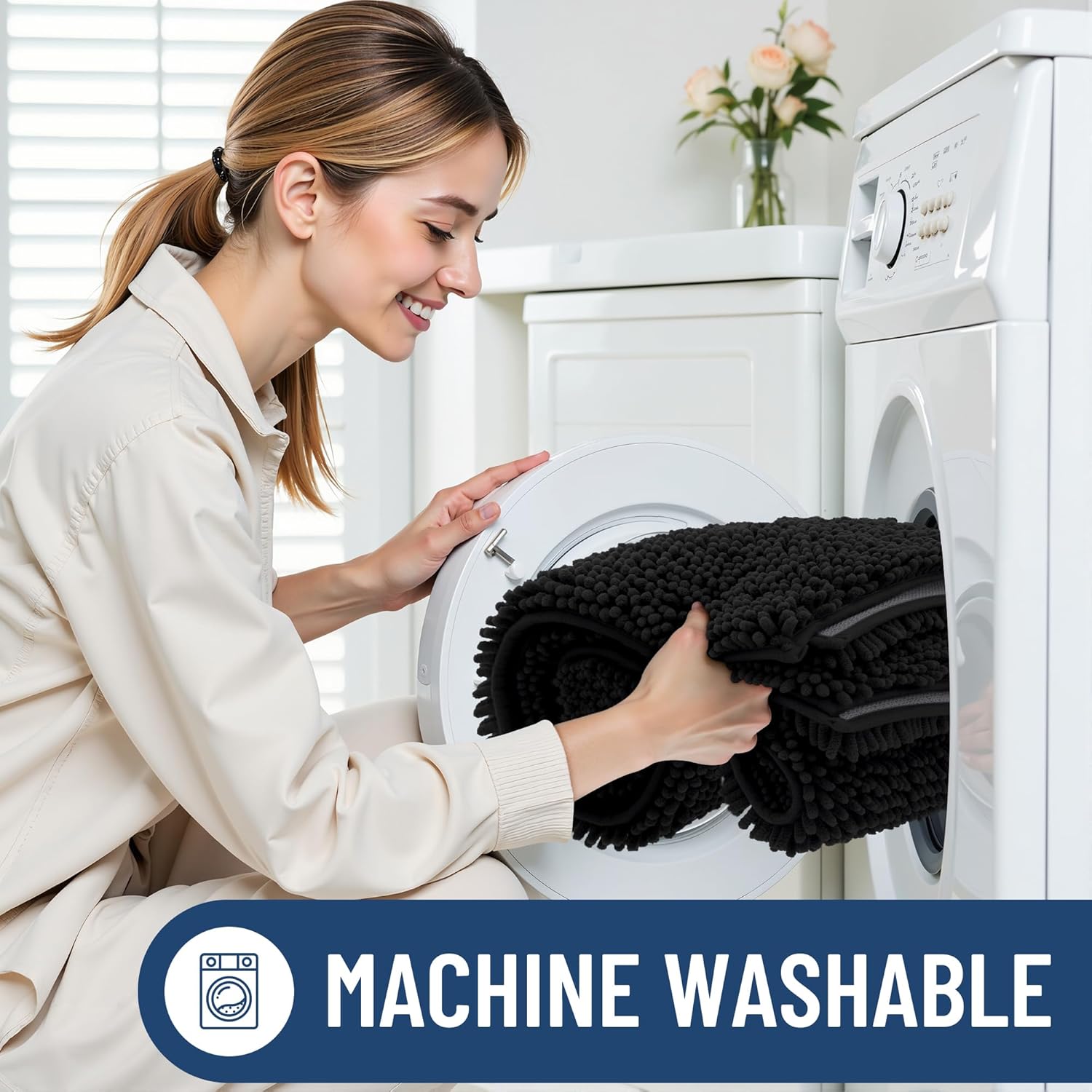 Smiry Bathroom Rugs Sets 2 Piece, Soft Absorbent Chenille Machine Washable Non Slip Shaggy Bath Rug Set for Tub, Shower, and Floor (30x20+24x16, Black)