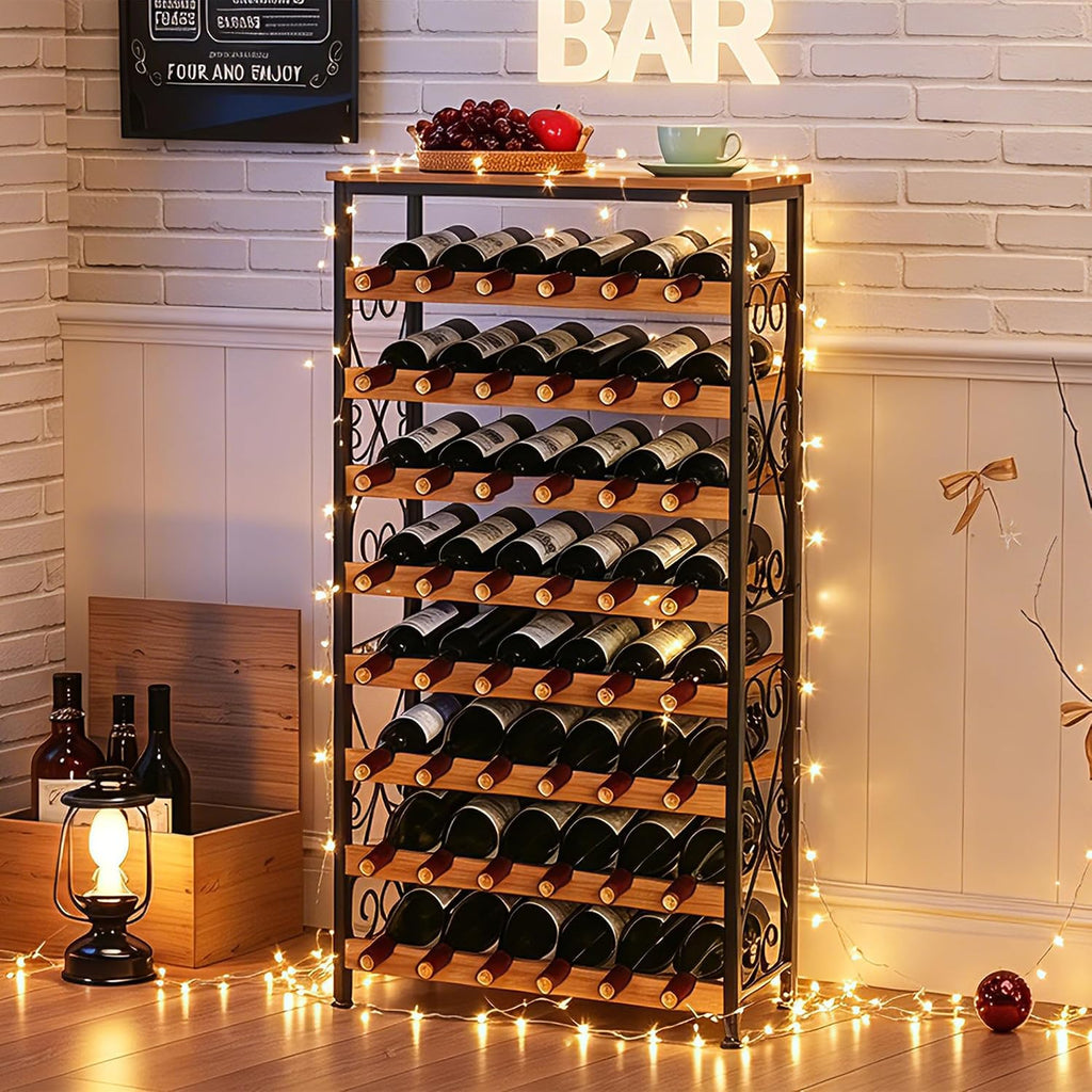 48 Bottle Wine Rack Freestanding Floor With Wood Top,8-Tier Wine Storage Shelf With Serving Station, Wine Holder For Kitchen, Bar, Dining Room, Home Bar Cabinet For Wine Bottles, No Wobble