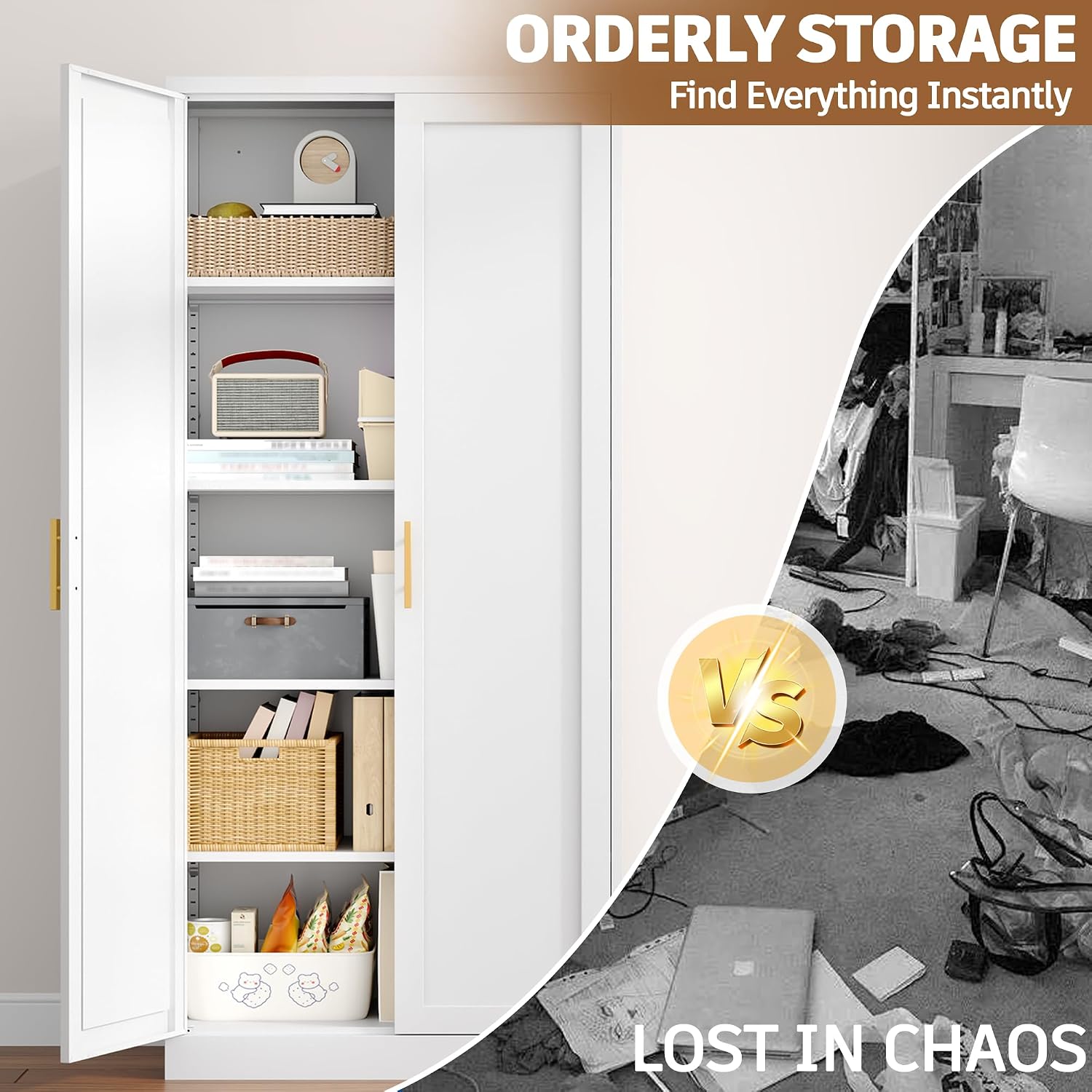 71”Tall Kitchen Pantry Cabinet, Metal Storage Cabinet With Doors And Shelves (White)