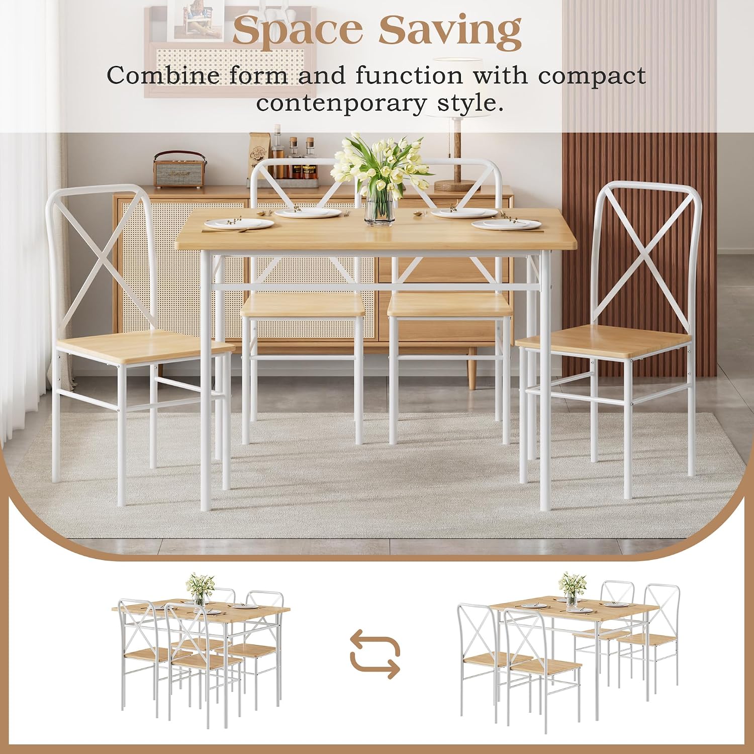 Vecelo 5-Piece Dining Table Set For 4, Wood Dinette With Chairs, Natural | Space-Saving, For Kitchen