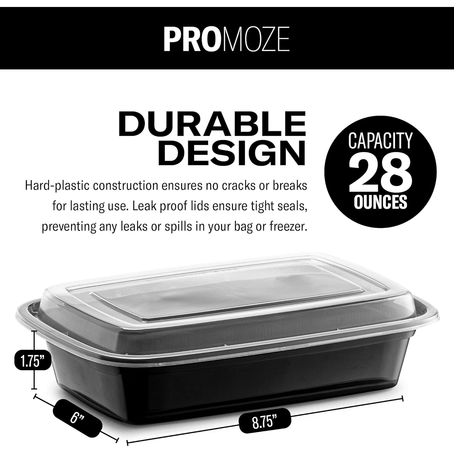 50-Pack Reusable Meal Prep Containers Microwave Safe Food Storage Containers with Lids, 28 oz - 1 Compartment Take Out Disposable Plastic Bento Lunch Box To Go, BPA Free - Dishwasher & Freezer Safe