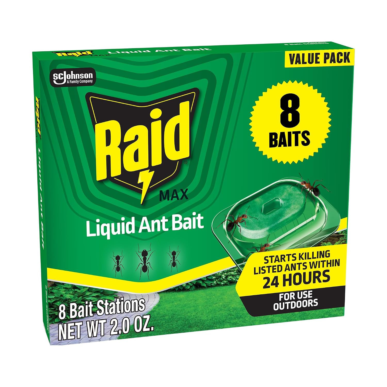 Raid Outdoor Liquid Ant Bait, Starts Killing Listed Ants Within 24 Hours, Effective Outdoors, Pre-Filled And Ready-To-Use, 8 Bait Stations Per Pack, 2 Fl Oz