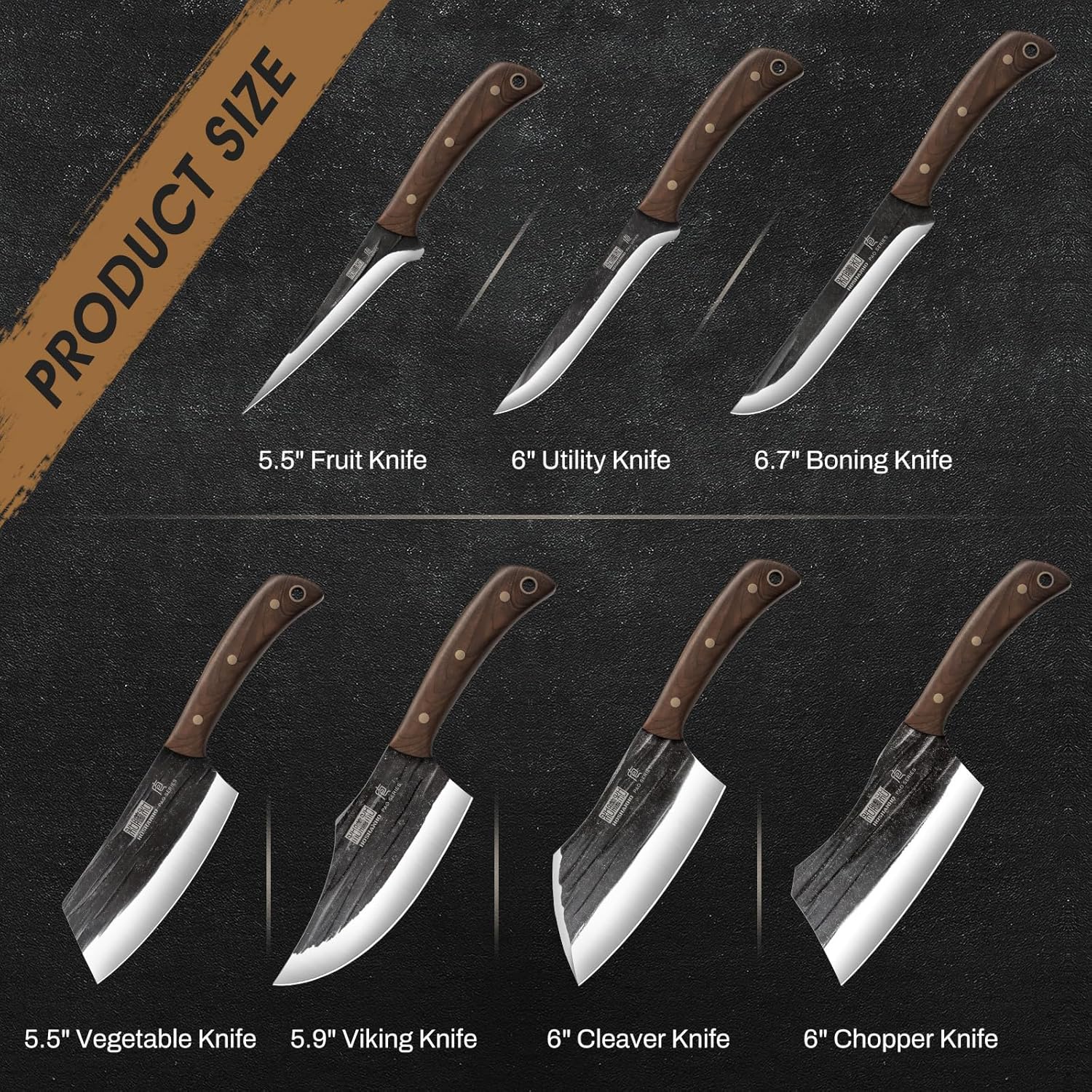 HOSHANHO Butcher Knife Set, Hand Forged Butcher Chef Knife Set with Roll Bag, Sharp Meat Cleaver Knife & Bone Chopper Knives & Fillet Knives for Home & Camping & BBQ Gift with Men