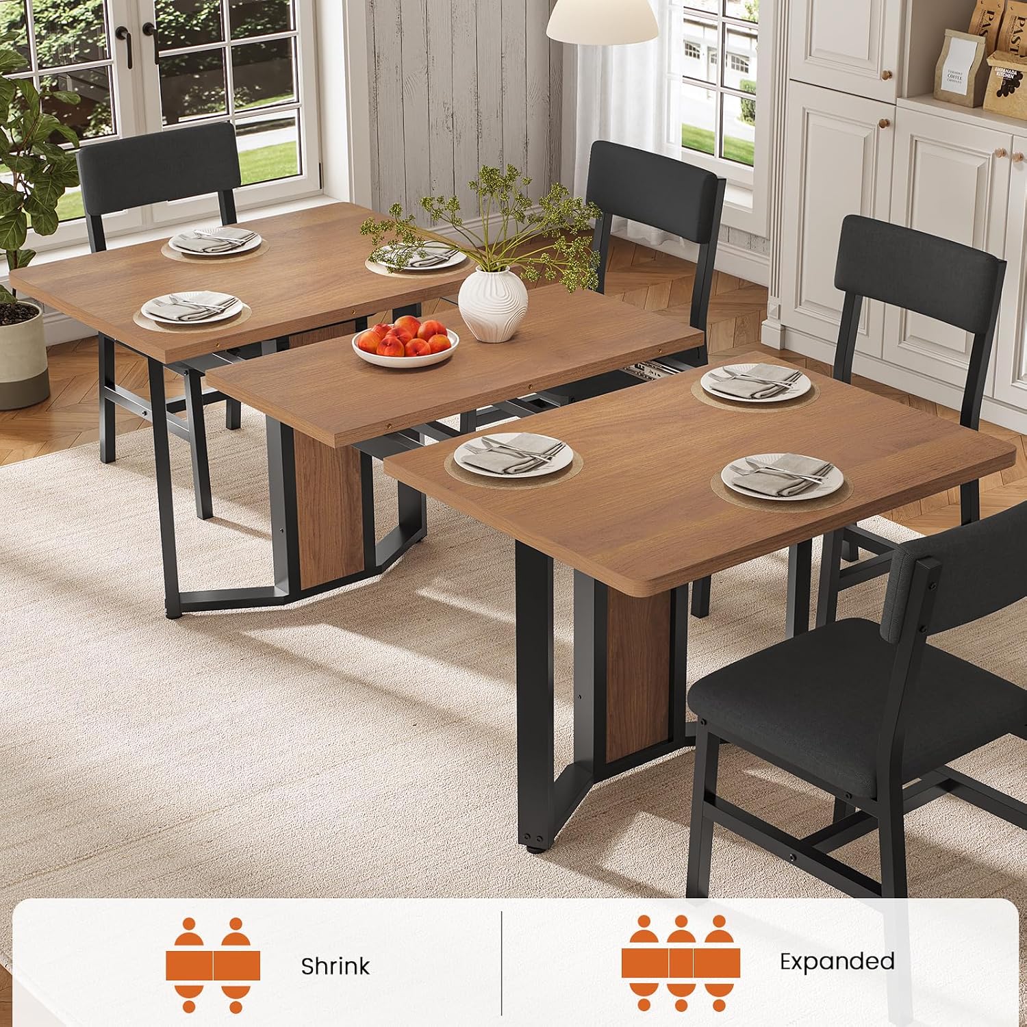 Itaar 5-Piece Dining Table Set For 4-6 People, 63" Extendable Kitchen Table And 4 Cushion Chairs, Dining Room Table With Mdf Board & Metal Frame For Small Space, Easy Clean, Brown