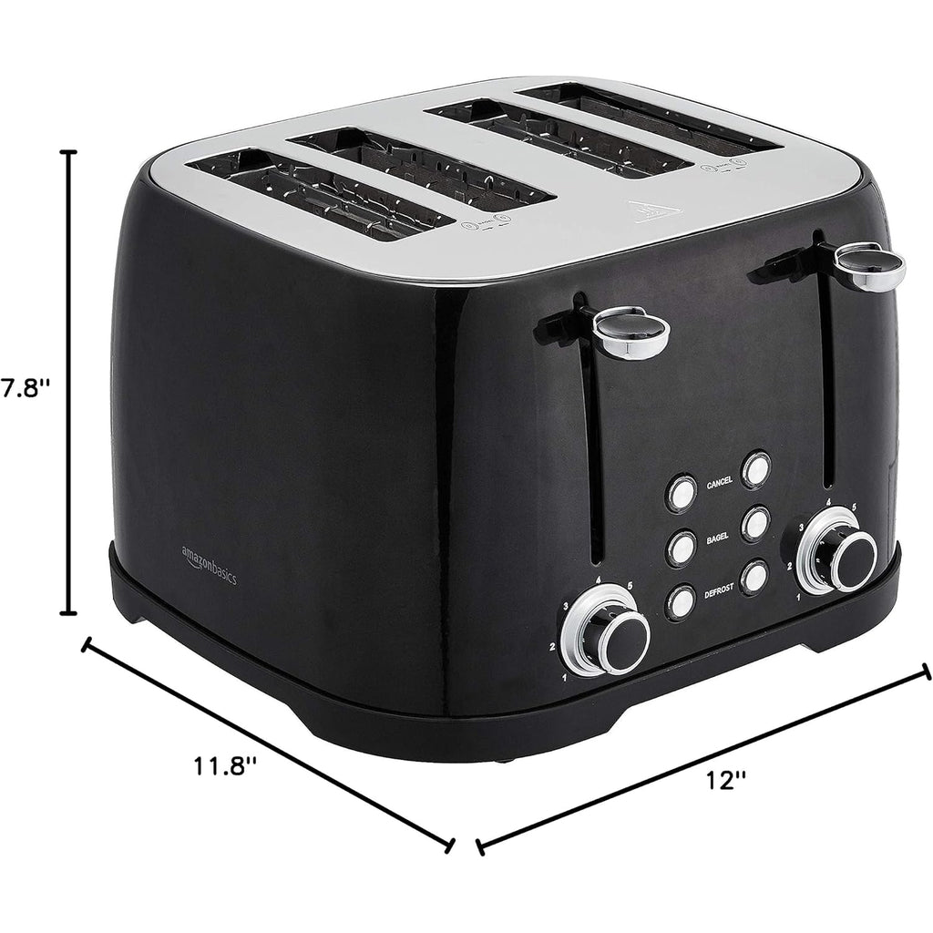 Amazon Basics 4 Slice Toaster with 4 Slots, 6 Browning Settings, Defrost, Removable Crumb Tray, Bagel Function, Cancel Button, 1600W, Black