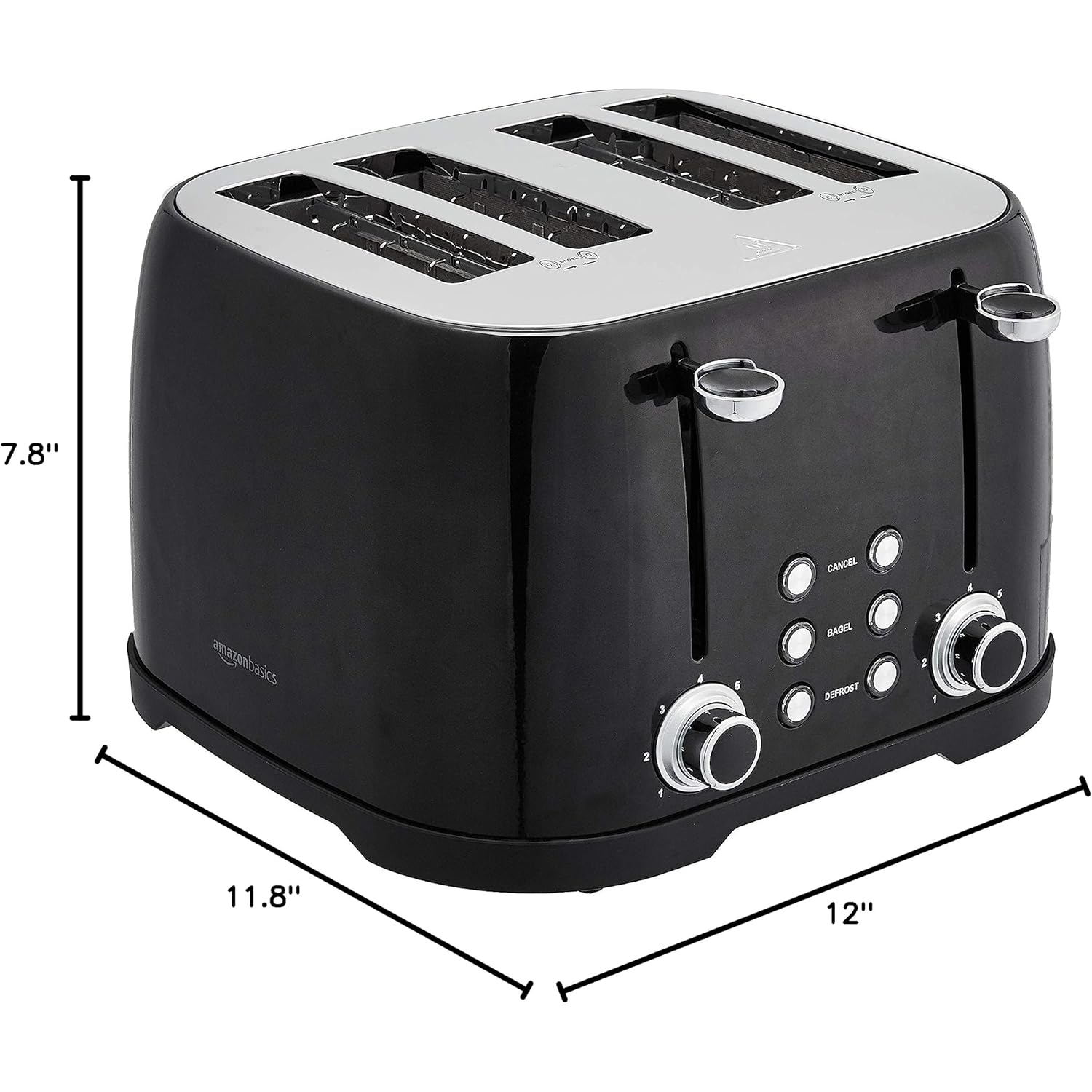 Amazon Basics 4 Slice Toaster with 4 Slots, 6 Browning Settings, Defrost, Removable Crumb Tray, Bagel Function, Cancel Button, 1600W, Black