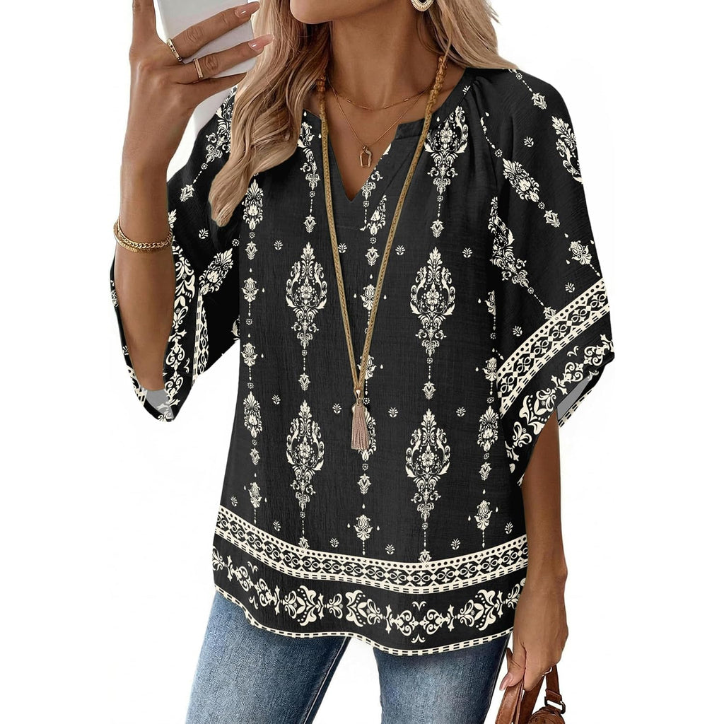 Zeagoo Womens Tops 3/4 Sleeve V Neck Bohemian Blouses Casual Loose Fit Tunic Boho Shirts Floral Printed Clothes
