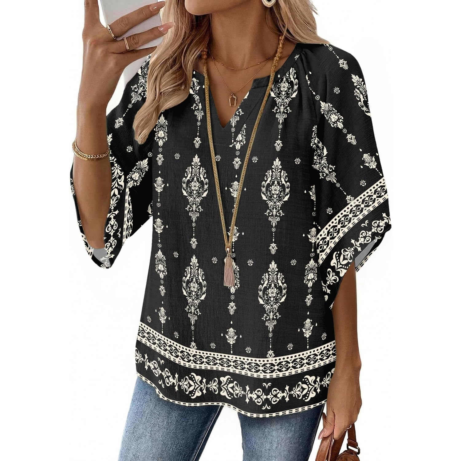 Zeagoo Womens Tops 3/4 Sleeve V Neck Bohemian Blouses Casual Loose Fit Tunic Boho Shirts Floral Printed Clothes