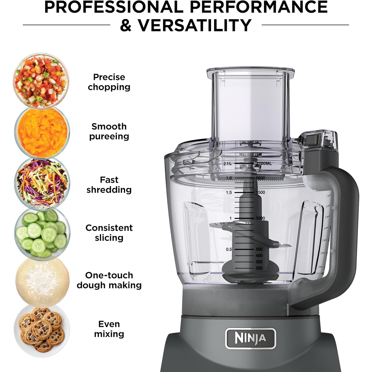 Ninja Food Processor, Professional Plus, 1000 Peak Watts, 4 Functions for Chopping, Slicing, Purees & Dough with 9-Cup Processor Bowl, 3 Blades, Food Chute & Pusher, Grey, BN601