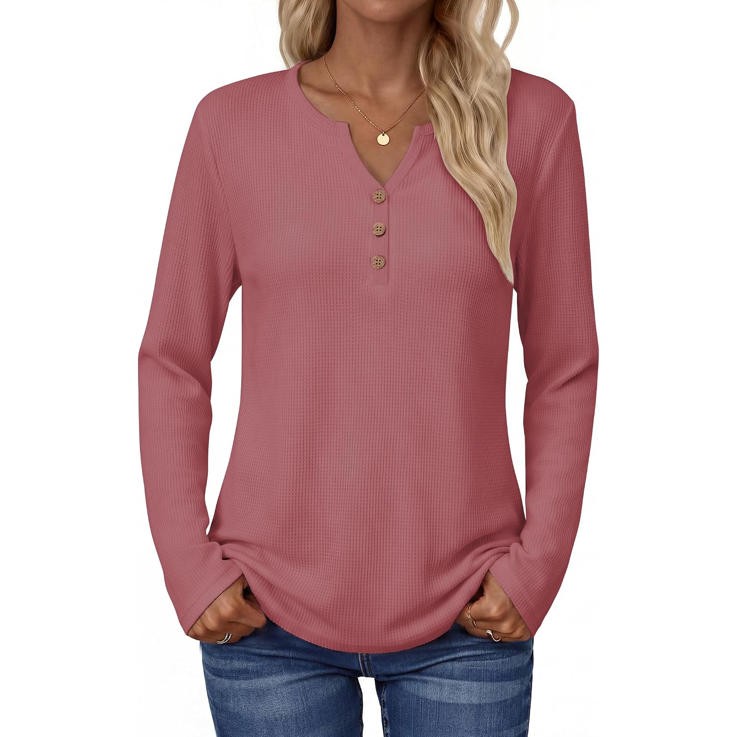 Zeagoo Women'S Long Sleeve Waffle Knit Shirts Dressy Casual Loose Button Up V Neck Tops 2026 Fall Basic Tee Blouse