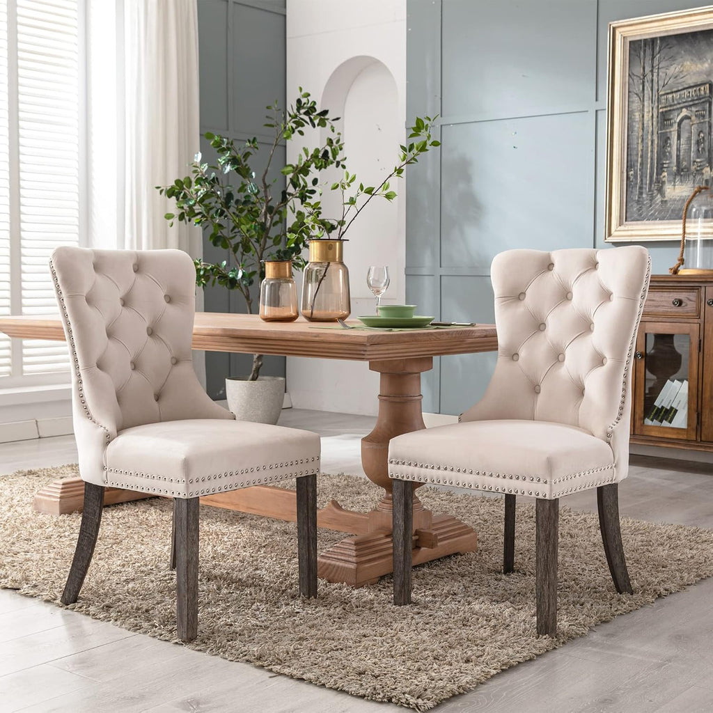 Velvet Dining Chairs Set Of 4, Upholstered High-End Tufted Dining Room Chair With Nailhead Back Ring Pull Trim Solid Wood Legs, Nikki Collection Modern Style For Kitchen, Beige
