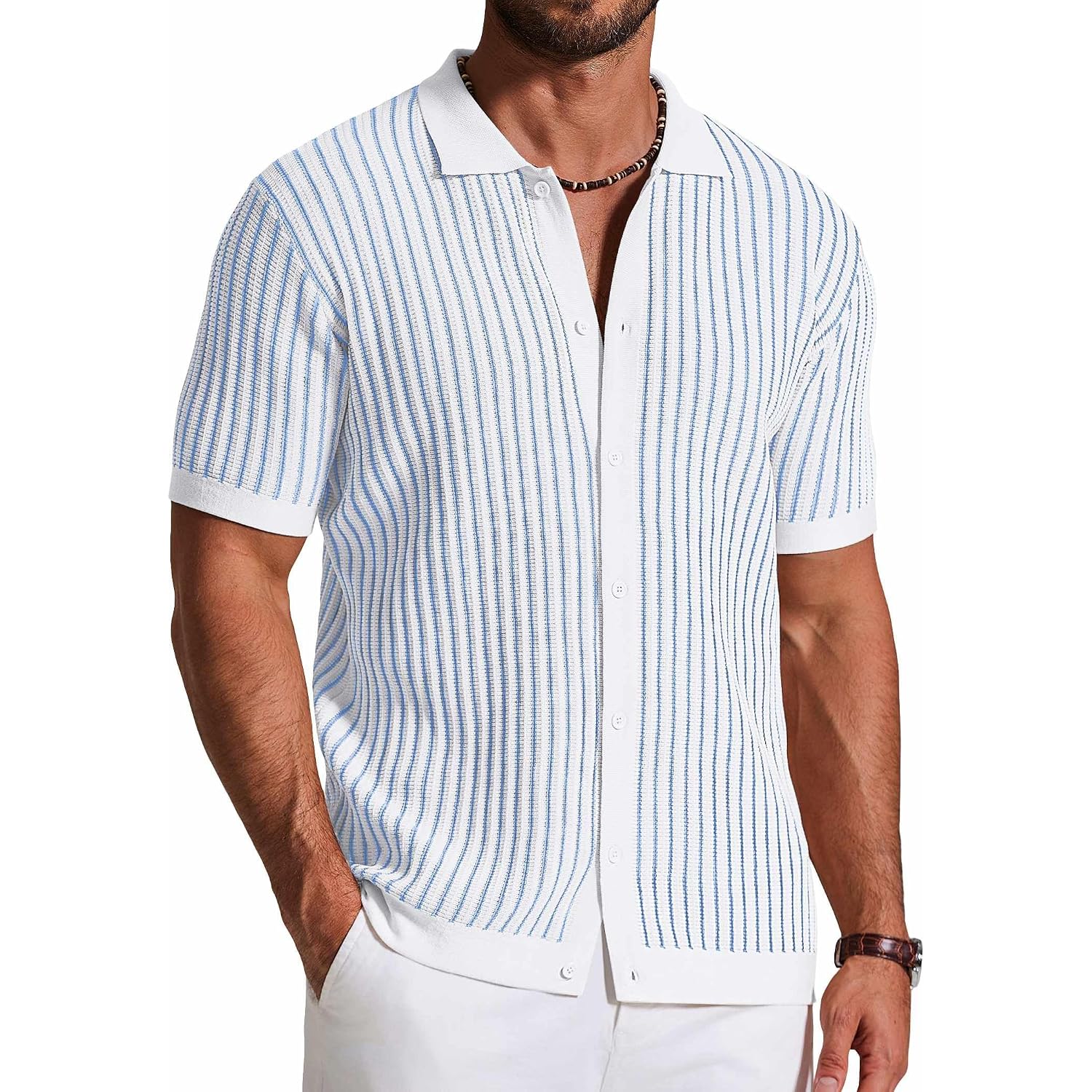 Coofandy Mens Knit Button Down Shirts Short Sleeve Polo Shirt Vintage Striped Casual Shirts
