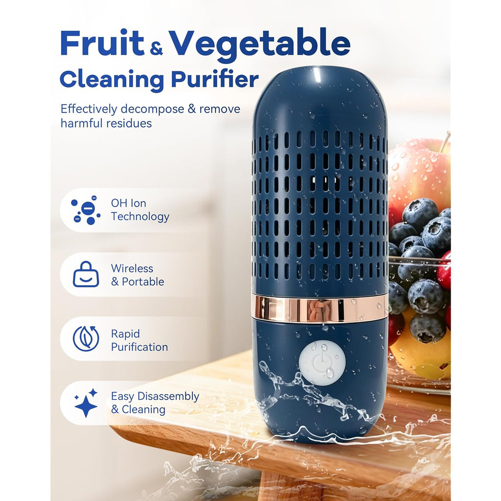 Produce Cleaner & Vegetable Cleaner With Oh-Ion Technology, Wireless Rechargeable Food Washer For Fruits, Veggies, Rice & Utensils, Ipx7 Waterproof 10-Min Automatic Cleaning For Kitchen (Blue)
