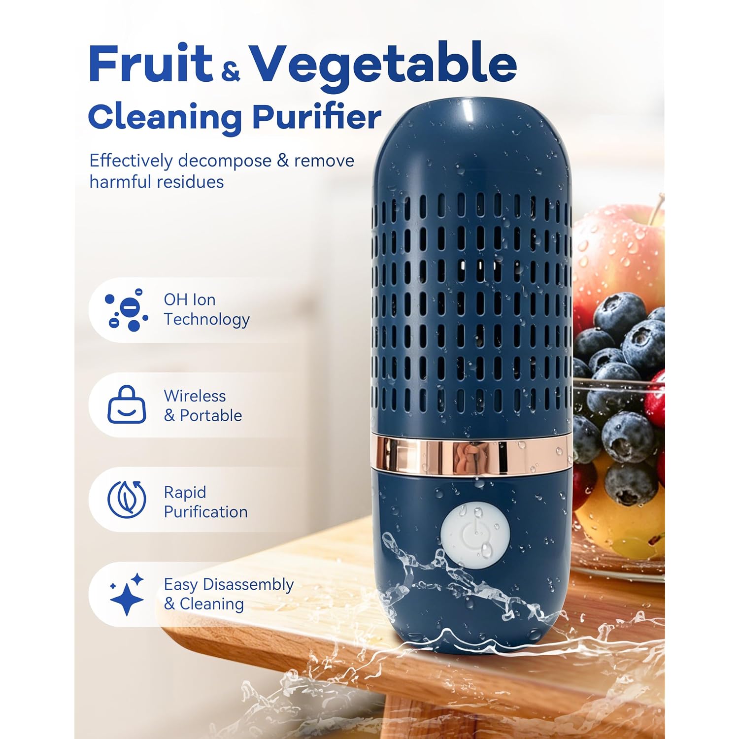 Produce Cleaner & Vegetable Cleaner With Oh-Ion Technology, Wireless Rechargeable Food Washer For Fruits, Veggies, Rice & Utensils, Ipx7 Waterproof 10-Min Automatic Cleaning For Kitchen (Blue)