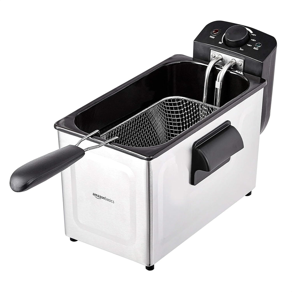 Amazon Basics 3.2-Qt (3.0L) Electric Deep Fryer With Adjustable Temperature Control, Easy Draining Basket, Viewing Window, Fast-Heating 1500W, Stainless Steel Exterior, Black & Silver