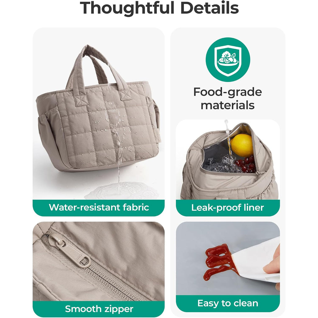 Bagsmart Lunch Bag For Women Small Cute Quilted Lunch Box Insulated Lightweight, Leakproof, Durable & Reusable Tote Bag For Work, Travel, Outdoor, Brown