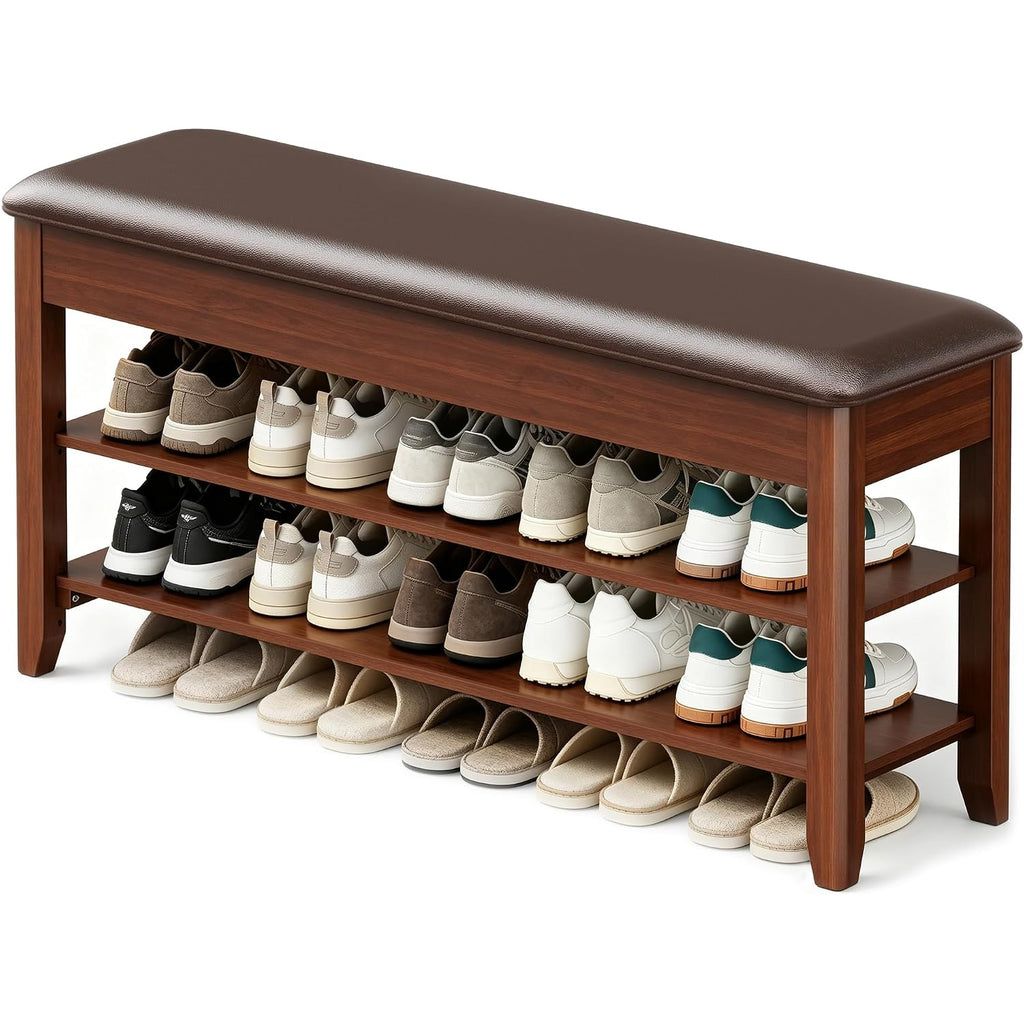 Lbt Shoe Bench With Storage, Solid Rubberwood Shoe Rack Bench For Entryway | Adjustable 6.3" Shelf Fits High-Top Shoes & Boots, Hidden Storage Compartment, Cushion Seat, Stay-Open Hinge, Walnut