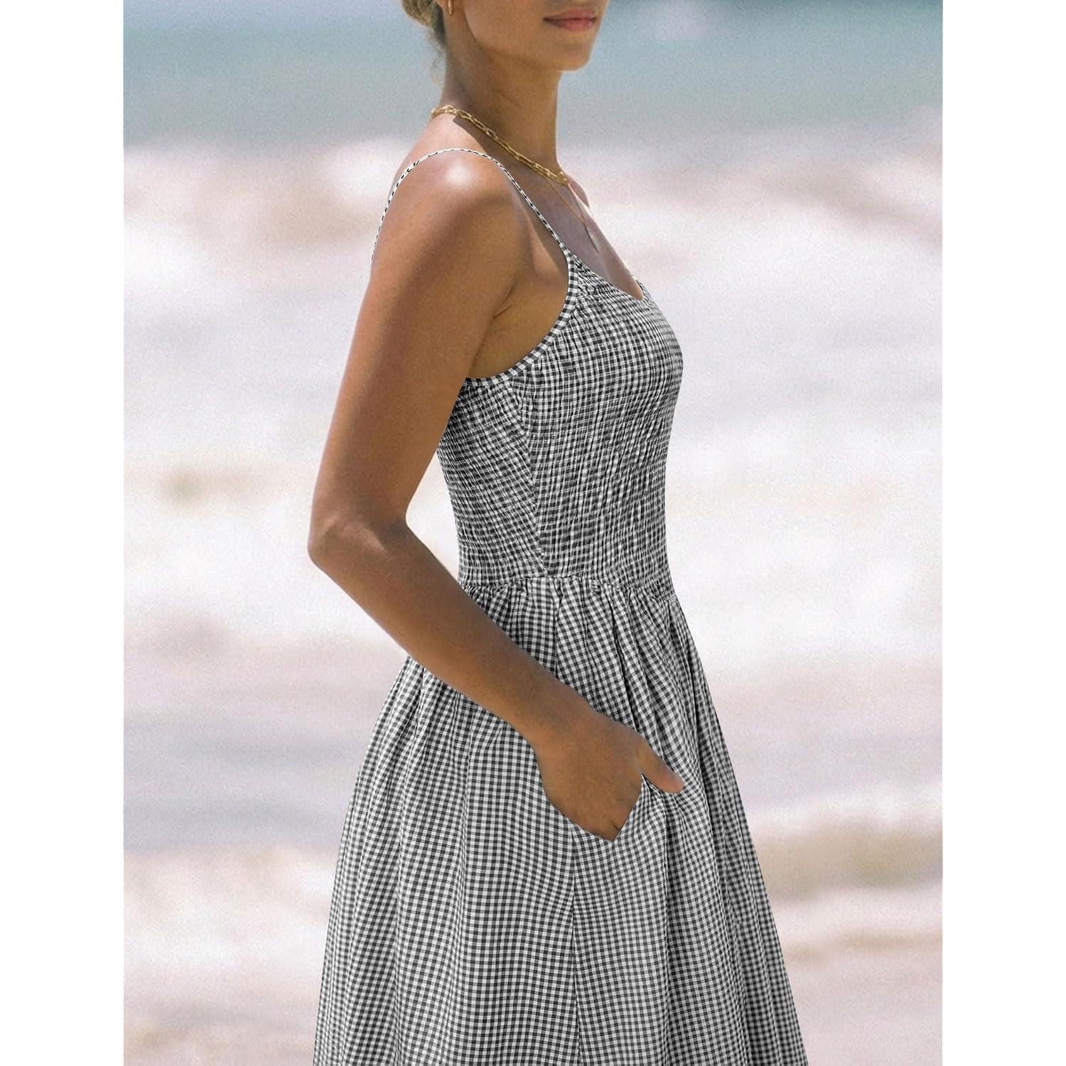 Relipop Women'S Summer Midi Dresses 2026 Casual Plaid Sleeveless Spaghetti Strap Smocked Tiered Beach Sundress & Pockets