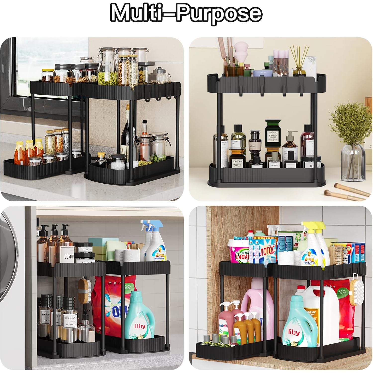Ukeetap Multi-Purpose Pull-Out Storage Organizers, Under Sink/Cabinet Organizers and Storage for Bathroom & Kitchen, Black, 12.8 Inches, 2 Packs