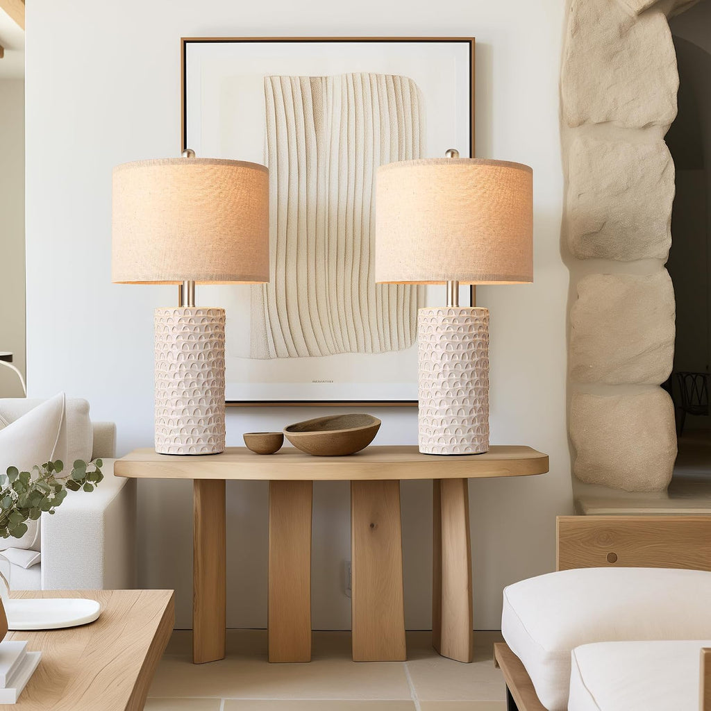 23" Modern Ceramic Table Lamp Set Of 2, Table Lamps For Living Room, Rustic Farmhouse Bedside Lamps Nightstand Lamp For Bedroom, White Desk Lamp For End Table Home Decor Beige