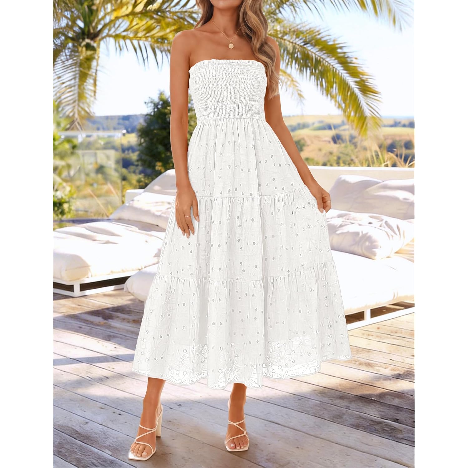 Zesica Womens 2026 Summer Boho Strapless Midi Dresses Off Shoulder Smocked Eyelet Wedding Guest Beach Long Dress Pockets