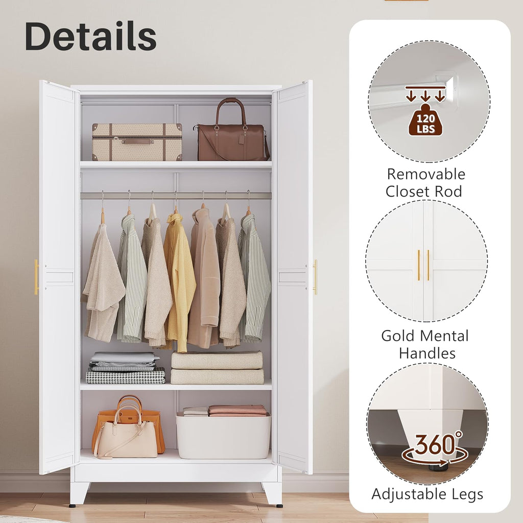 Winiowa Metal Armoire Wardrobe Closet With 2 Mirror Doors, 71" Wardrobe Cabinet With Adjustable Shelves And Hanging Rod, Clothing Storage Cabinet Closet With Mirror For Bedroom-White