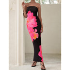 Prettygarden Women Summer Strapless Maxi Dress Bodycon Floral Sexy Long Wedding Guest Dress Formal Tube Mesh Cocktail Dresses