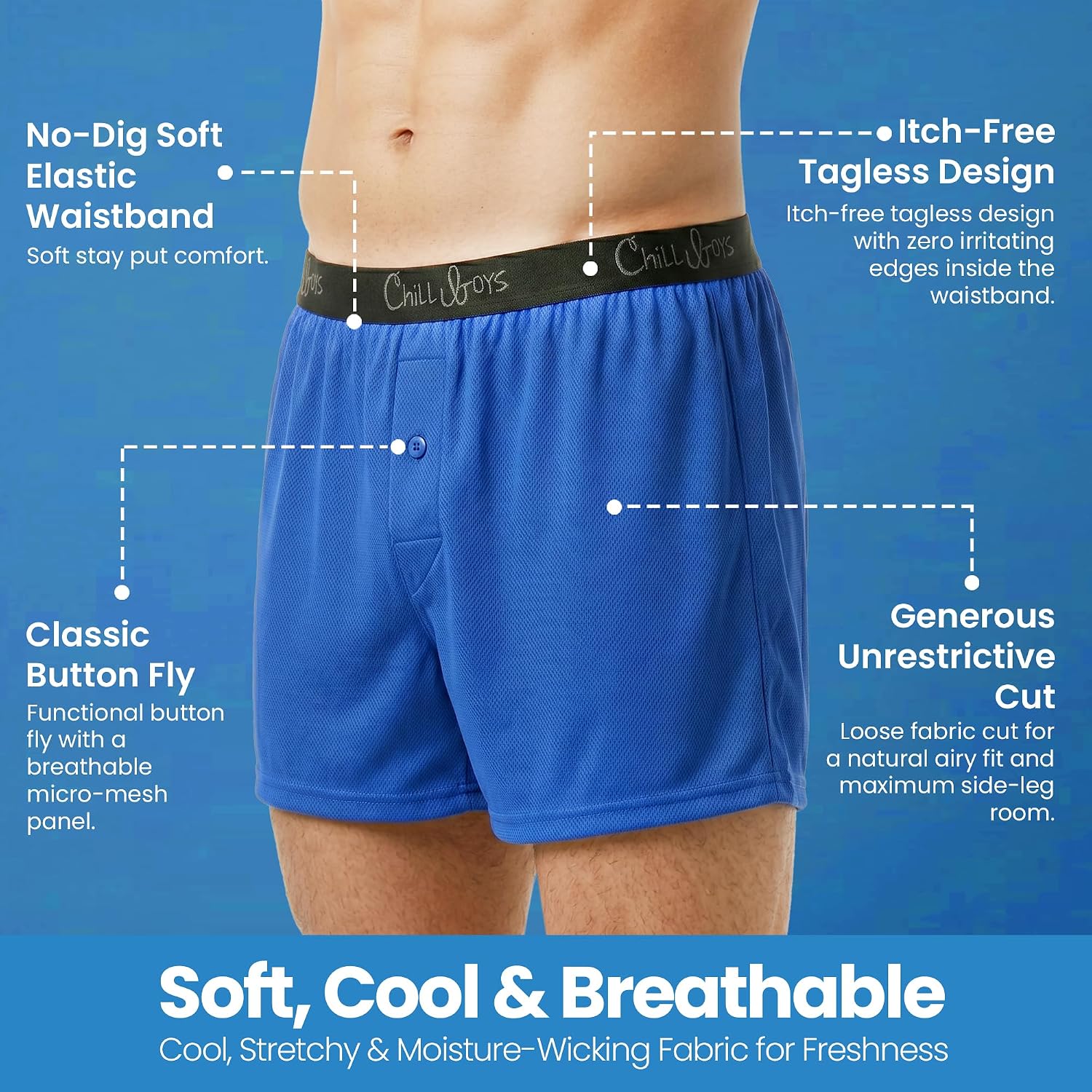Chill Boys Performance Boxers -Cool Comfortable Men'S Boxer Shorts. Soft Anti-Chafing Underwear For Men. Tagless Boxers