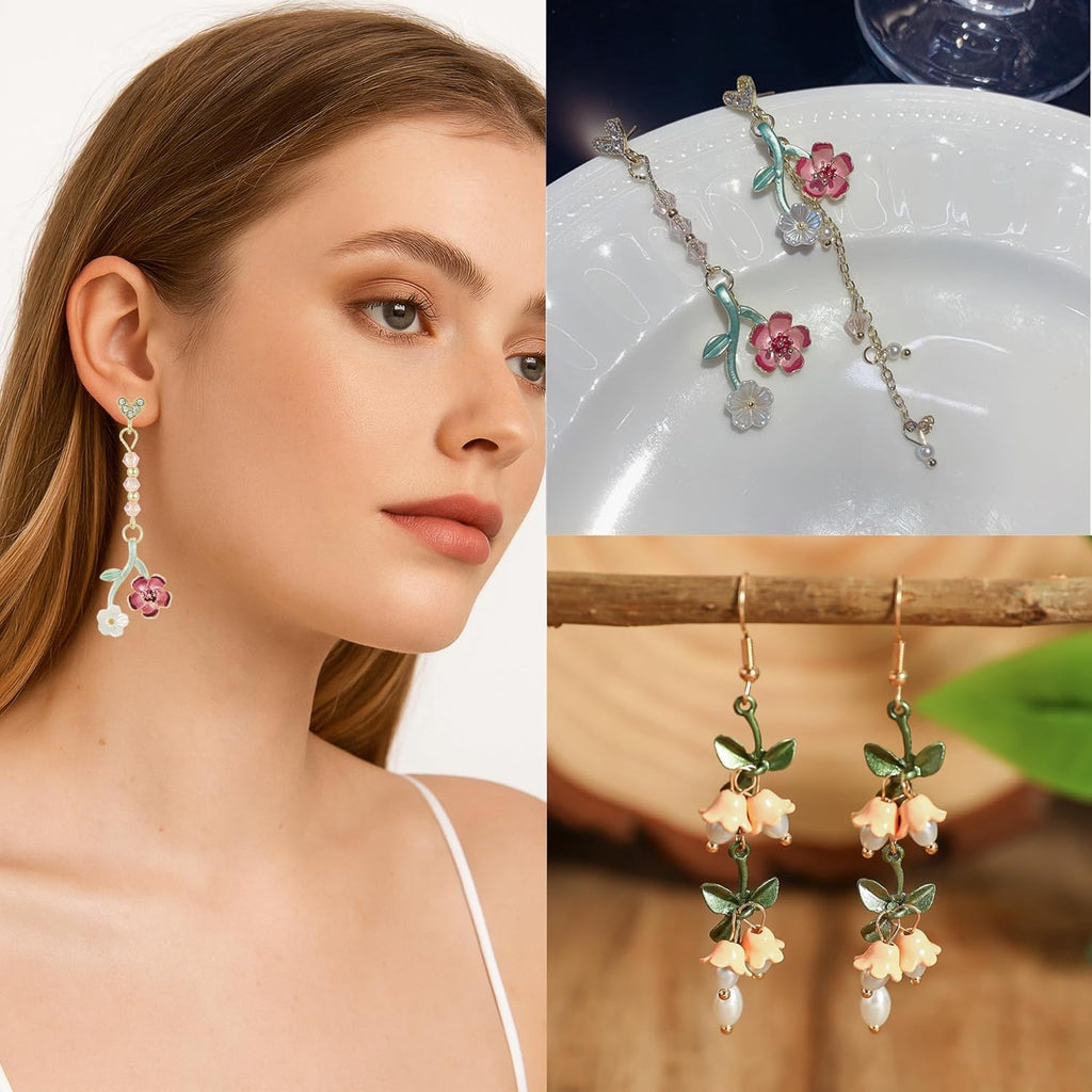 9 Pairs Floral Earrings Set Inspired Long Dangle Flower Leaf Designed Earrings With Pearl Accents And Tassel Details Hypoallergenic Statement Earrings for Women