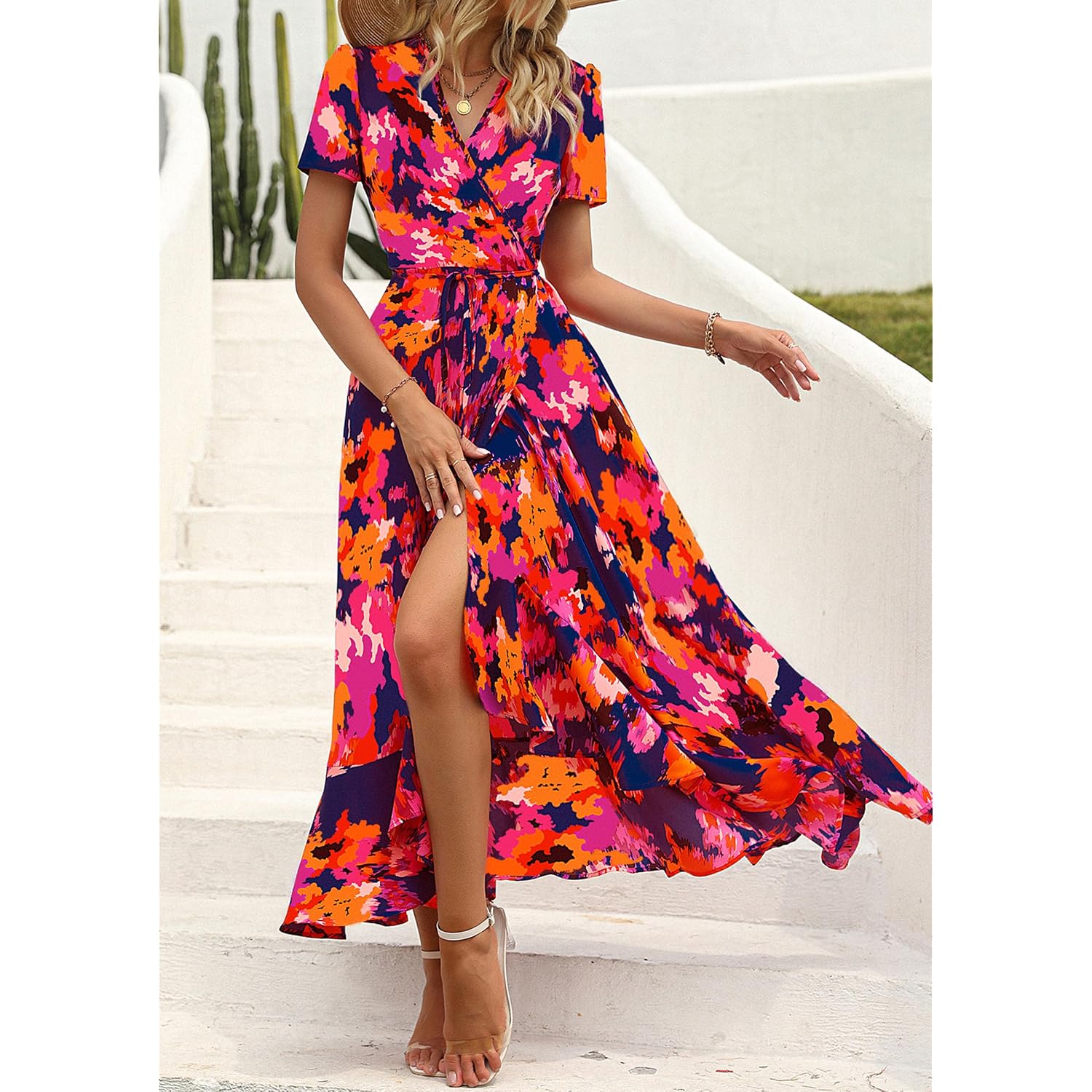Prettygarden Women'S Boho Floral Maxi Dress Summer Short Sleeve Wrap V Neck Long Flowy Beach Vacation Wedding Guest Dresses