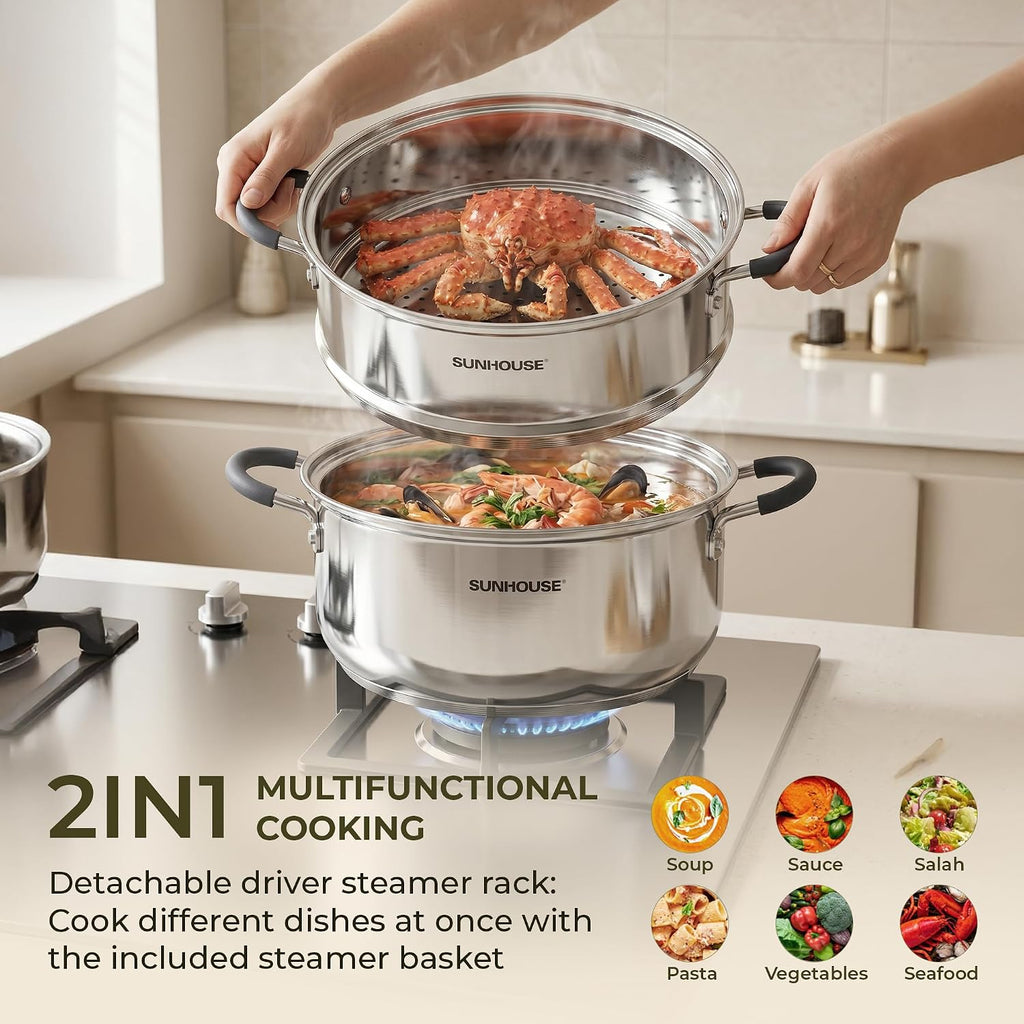 Sunhouse 3.1 Qt Stainless Steel Steamer Pot For Cooking Vegetables | Steaming Pot With Glass Lid & Steamer Basket - 2 Tier Tri-Ply Stovetop Steamer For Vegetable, Veggie - Induction Compatible