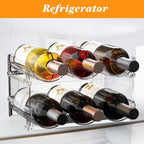 Plastic Stackable Wine Rack For Refrigerator, 2 Tier Large Capacity Water Bottle Organizer For Cabinet, Free-Standing Water Bottle Storage Rack For Fridge, Countertop, Pantry, Freezer, Hold 6 Bottles