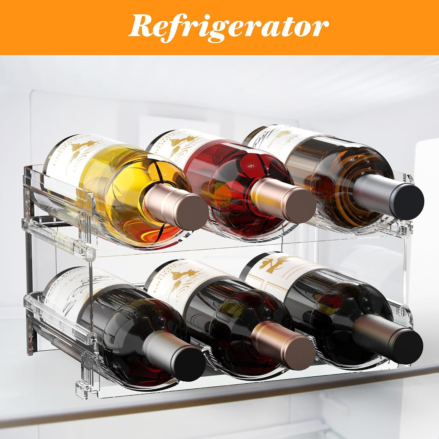Plastic Stackable Wine Rack For Refrigerator, 2 Tier Large Capacity Water Bottle Organizer For Cabinet, Free-Standing Water Bottle Storage Rack For Fridge, Countertop, Pantry, Freezer, Hold 6 Bottles