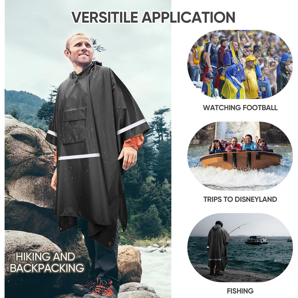 3-In-1 Hooded Rain Poncho For Adult With Pocket, Waterproof Lightweight Unisex Raincoat For Hiking Camping Emergency