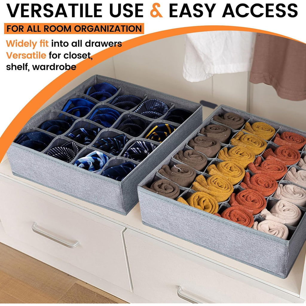 3 Pack Sock Underwear Drawer Organizer Dividers, 64 Cell Fabric Foldable Dresser Organizer For Closet Organizers And Storage Boxes For Organizing Socks, Underwear, Ties (16+24+24 Cell, Gray)
