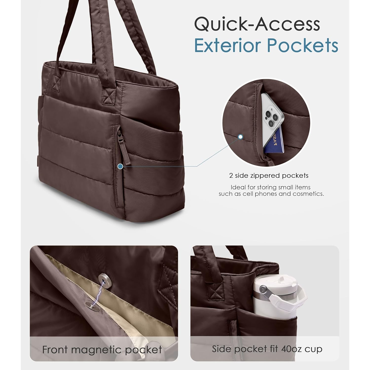 Tote Bag for Women with Zipper, Quilted Puffer Tote Bag with Compartments, Lightweight Puffy Work Bags for Women Travel