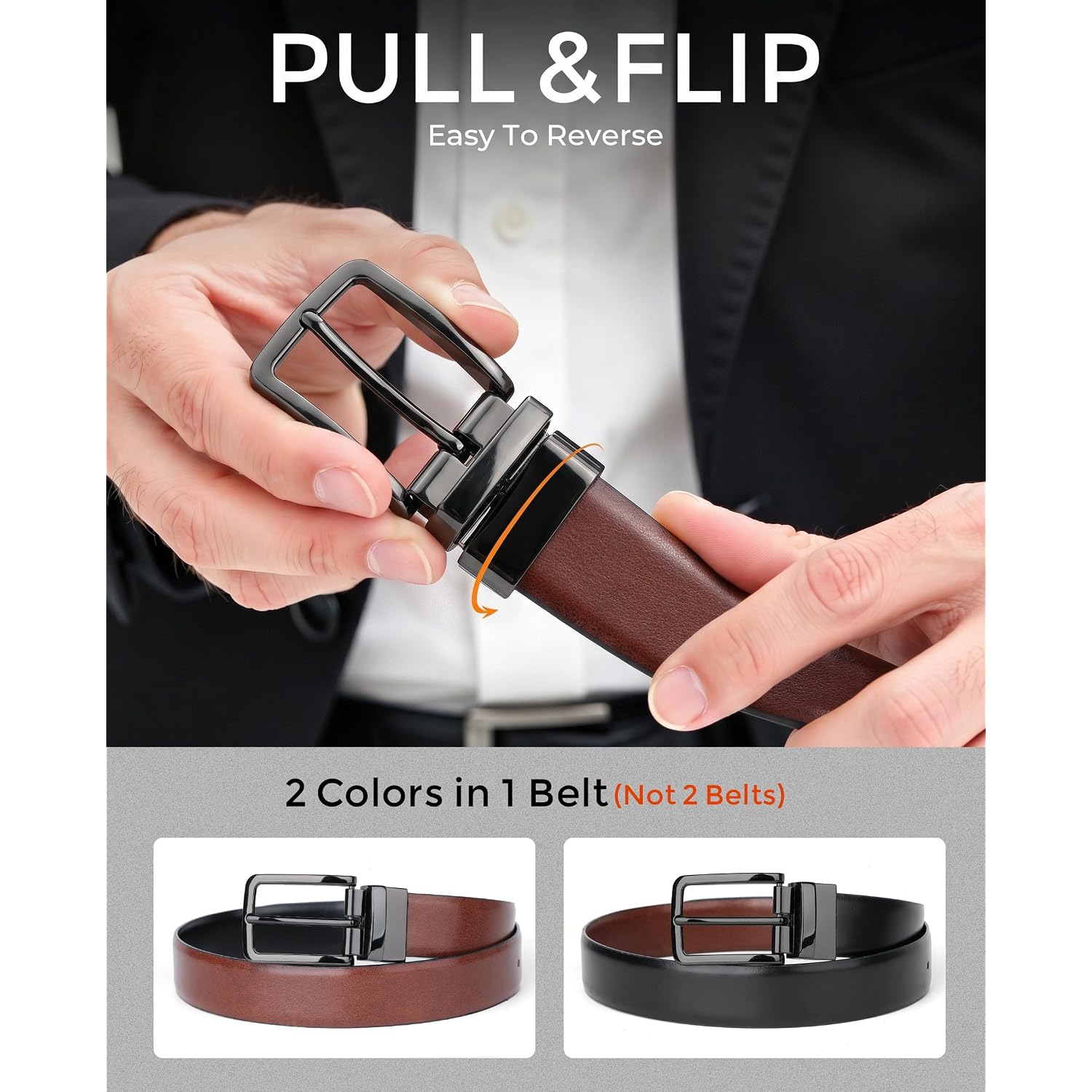 Reversible Belt For Men - Adjustable Size - Premium Leather - Double Style In One Belt