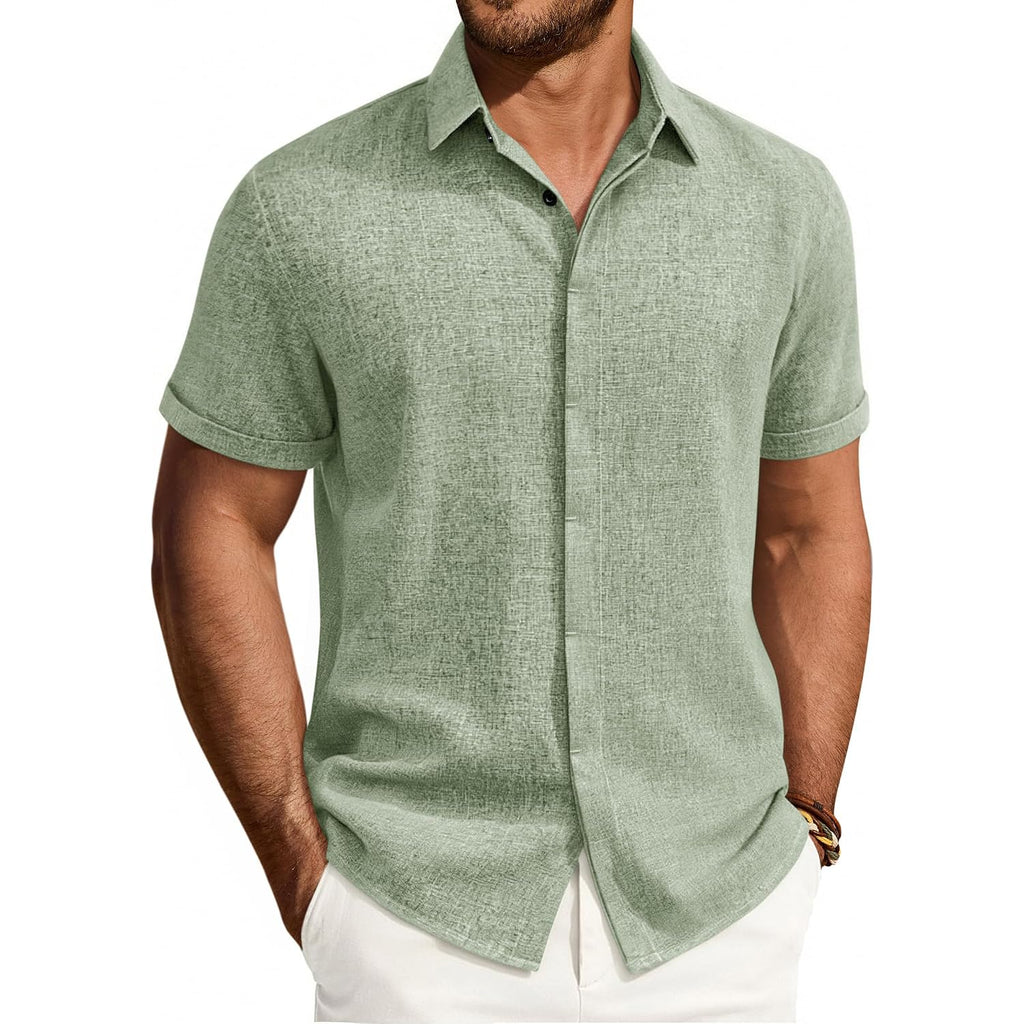 Mens Linen Shirt Short Sleeve Button Down Shirt Summer Casual Beach Tops | Lightweight Breathable, Shrink-Resistant, Linen Texture, Relaxed Fit Button Up, For Vacation Wedding Work Office Date Daily