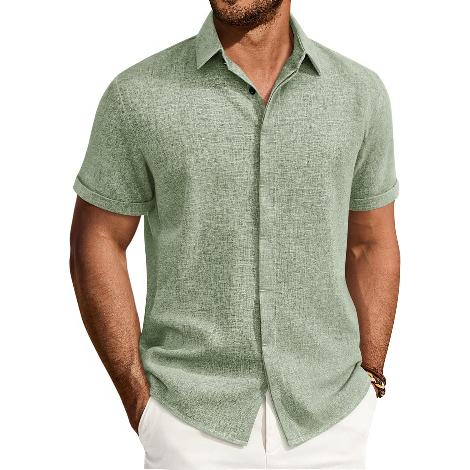 Mens Linen Shirt Short Sleeve Button Down Shirt Summer Casual Beach Tops | Lightweight Breathable, Shrink-Resistant, Linen Texture, Relaxed Fit Button Up, For Vacation Wedding Work Office Date Daily