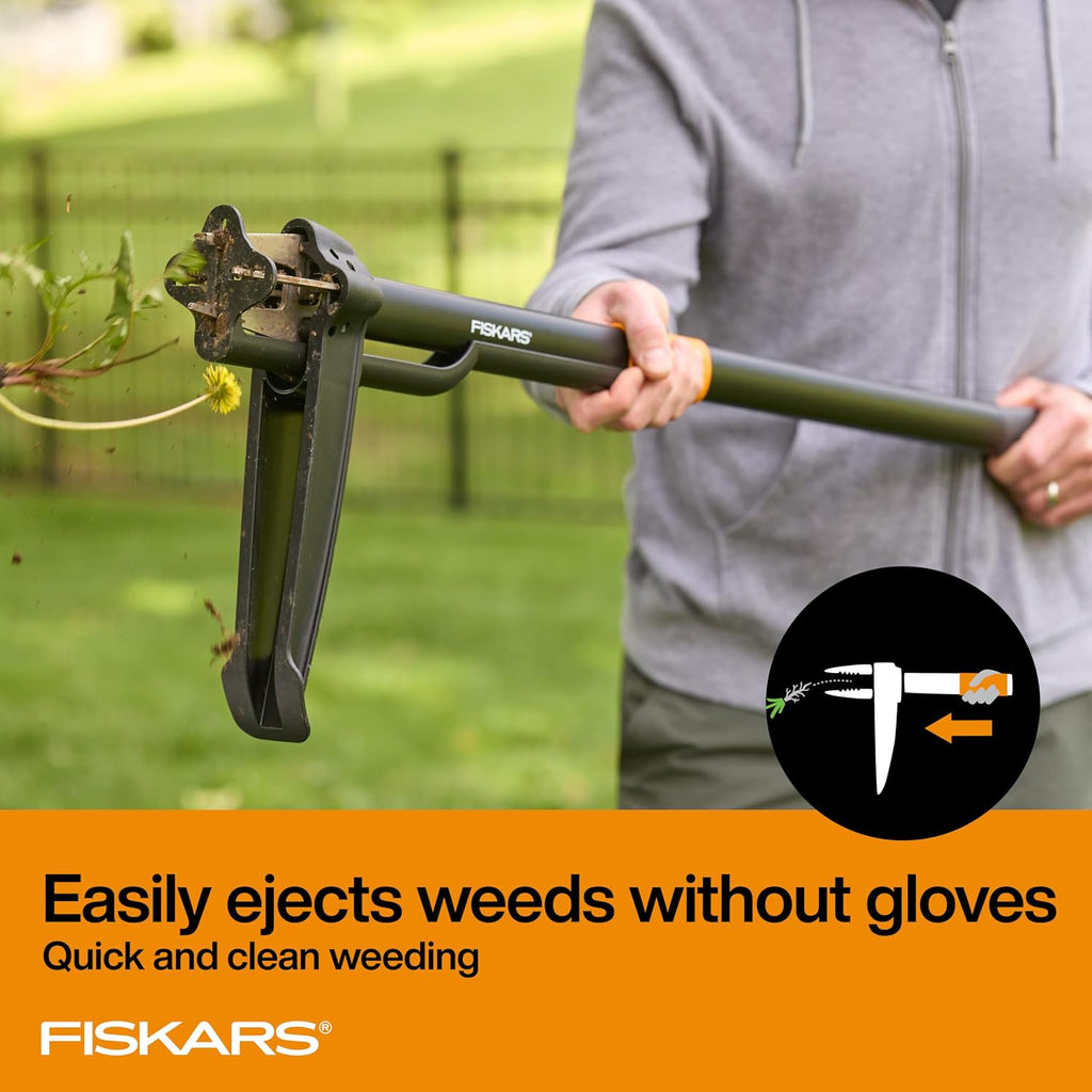 Fiskars Stand-Up Weed Puller Tool, 4 Serrated Stainless Steel Claws Grip Roots For Permanent Removal, Reinforced Foot Platform Penetrates Tough Soil, Easy-Eject & Ergonomic Offset Handle, 39"