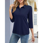 Polo Shirts for Women 3/4 Sleeve Tops Golf Tees 5-Button Collared Cotton Shirt Business Casual