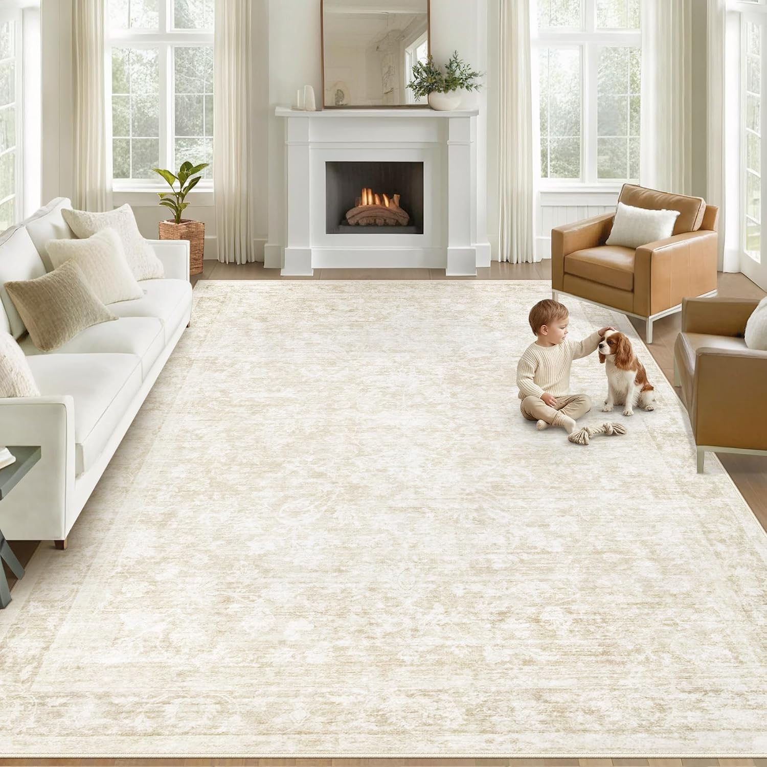 8X10 Area Rugs For Living Room: Washable Large Vintage Floral Rug Low Pile Non-Slip Boho Carpet For Bedroom Dining Home Office (Beige, 8'X10')