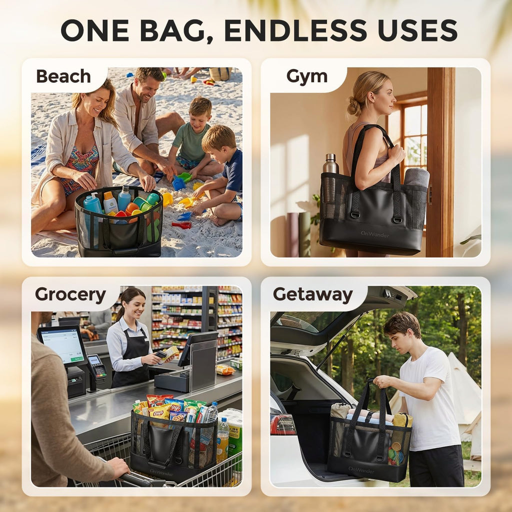 Large Mesh Beach Bag, Waterproof Bottom Tote, Structured Design Waterproof Pocket, Sandproof Pool Bag For Cruise Gym