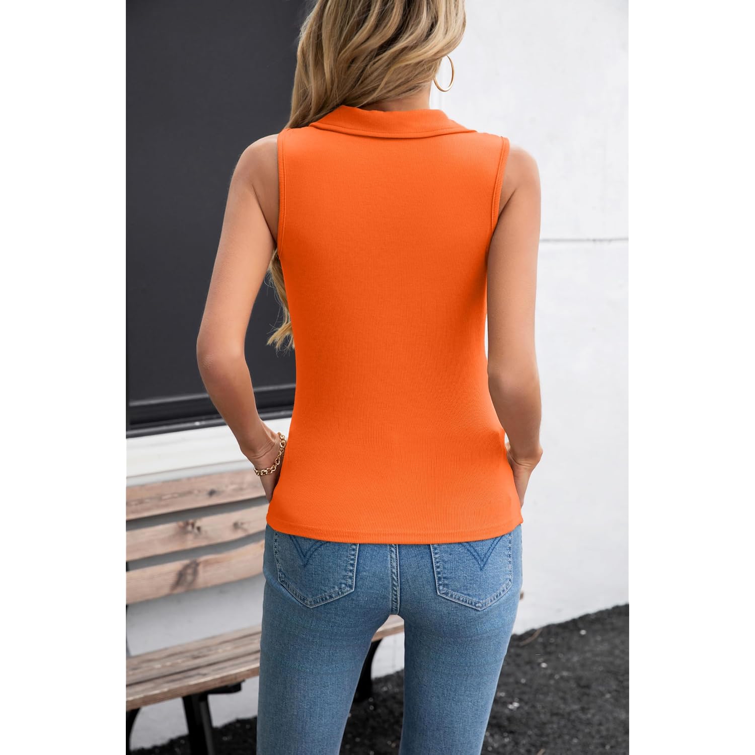 Vichyie Womens Sleeveless Tank Tops Lapel Collared V Neck Slim Fitted Ribbed Knit Tight Polo Tops