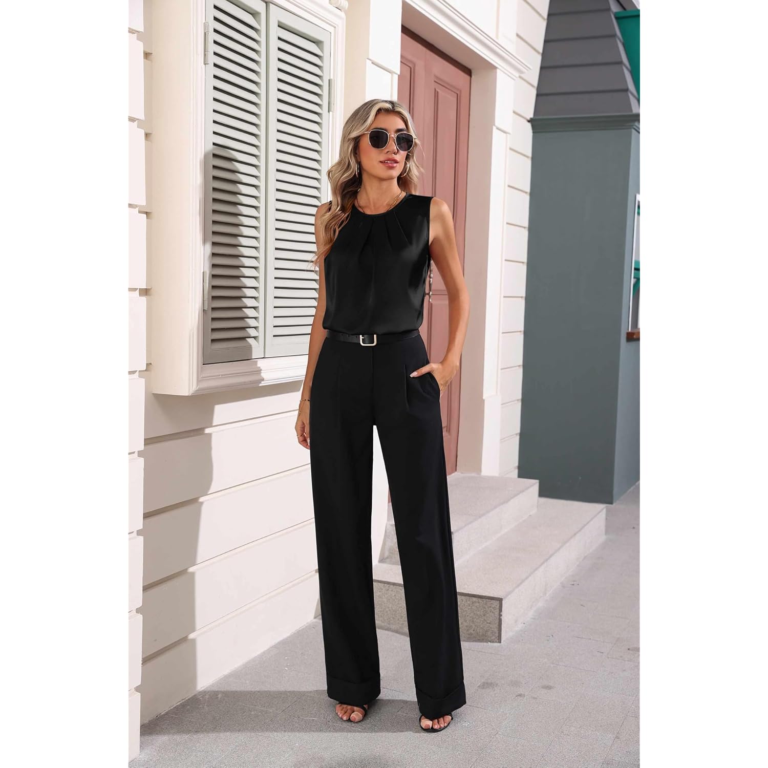 Zeagoo Womens Silk Satin Tank Tops Crew Neck Pleated Camisole Sleeveless Business Work Blouse Dressy Casual Summer Shirt