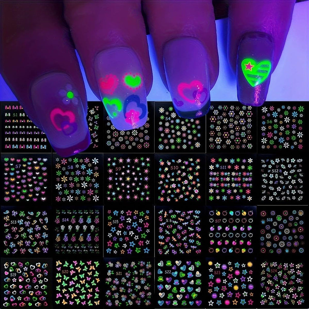 24PCS Luminous Flower Nail Art Stickers Decals Glow in The Dark Nail Stickers Butterfly Love Heart Bow Flowers 3D Self-Adhesive Nails Design Nail Art Supplies for Women Girls DIY Manicure Decorations