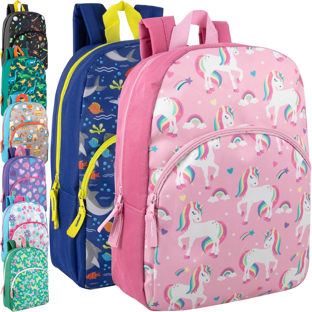 Trail Maker Wholesale Kids Backpacks For Boys, Girls Bulk Backpacks 24 Pack With Fun Patterns, Adjustable Padded Straps