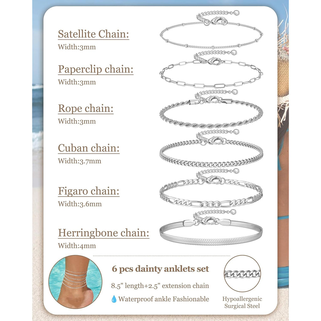 Besteel Ankle Bracelets for Women Waterproof - 14K Gold Plated Non Tarnish Layered Cuban Link Chain Rope Figaro Herringbone Anklets Set Plus Size Anklet Summer Foot Jewelry Gift Adjustable 8-12 Inch
