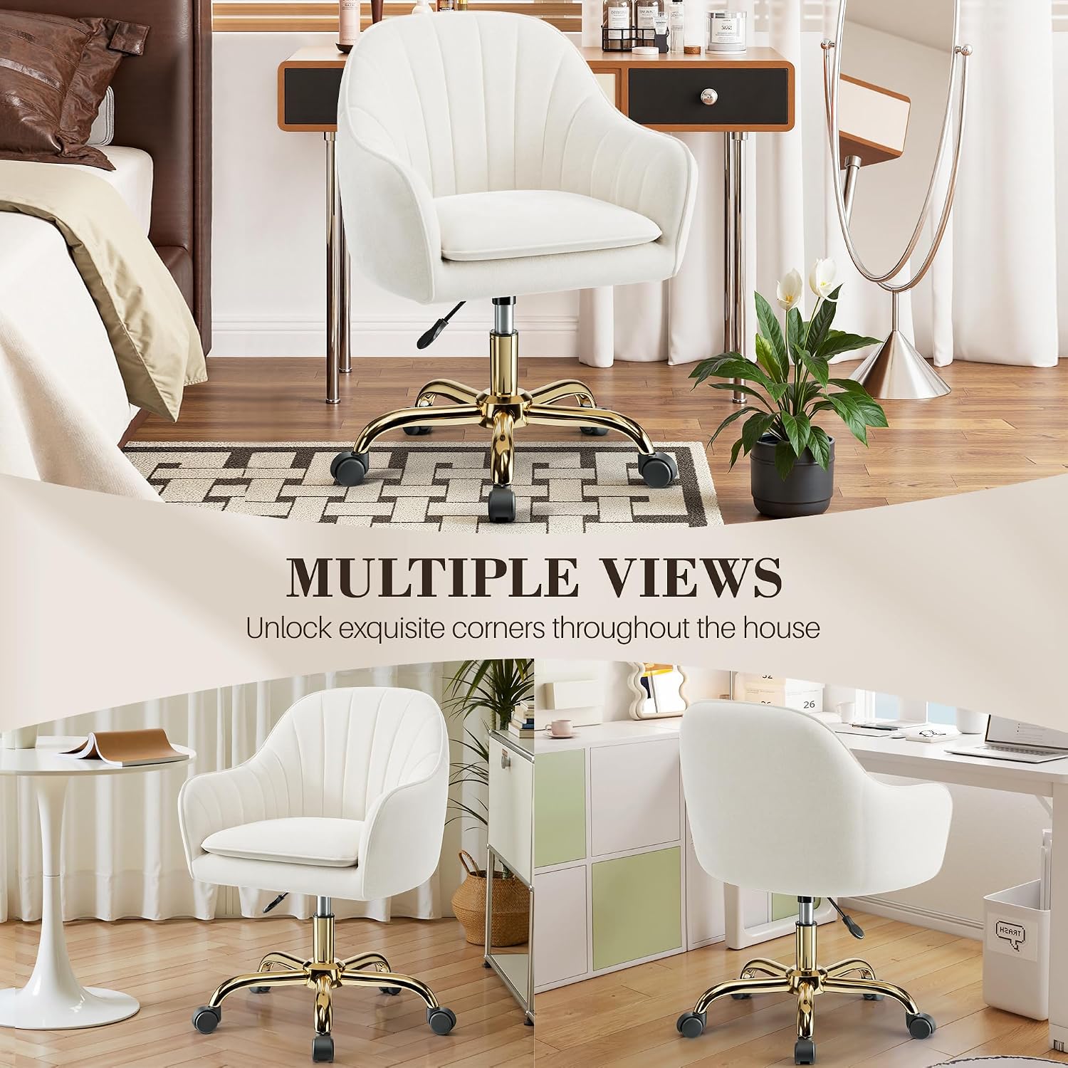 Vanity Chair With Wheels, Comfy Home Office Desk Chairs Adjustable Modern Velvet Makeup Vanity Chairs For Bedroom Living Room-Beige