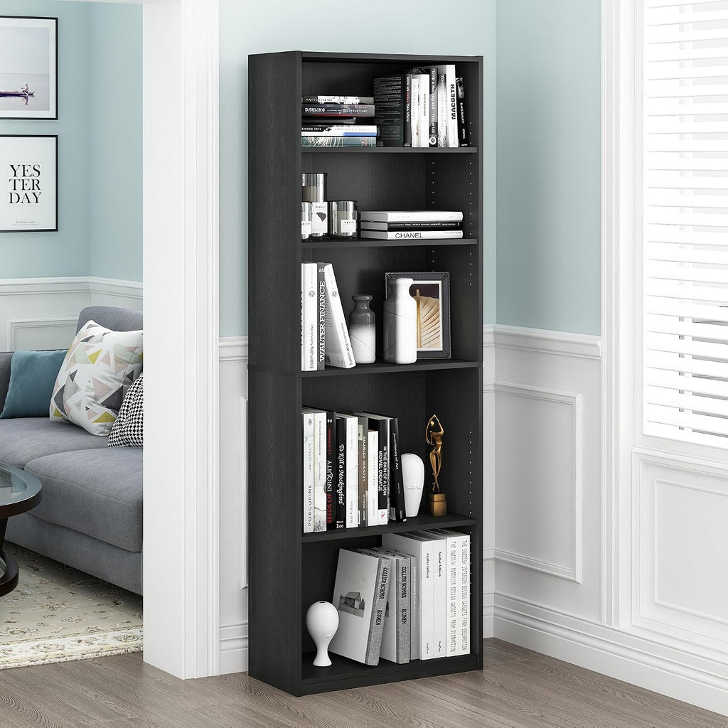 Furinno Jaya Book Shelf, 5-Tier Bookshelf, Bookcase With Adjustable Shelves, 9.5 X 24.5 X 71.2, For Organization And Storage, For Living Room, Bedroom, Home Office, Blackwood